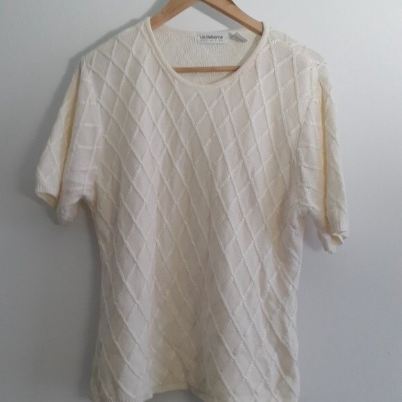 Liz Claiborne Collection Cream Argyle Knit Pattern Short Sleeve Sweater Large - Picture 8 of 9